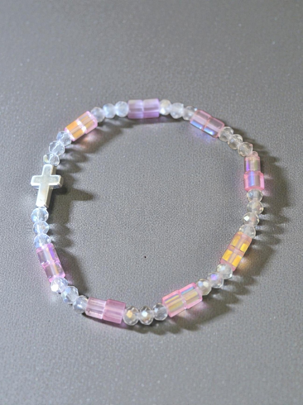 Handmade Silver Cross Pink Iridescent Crystal Bracelet